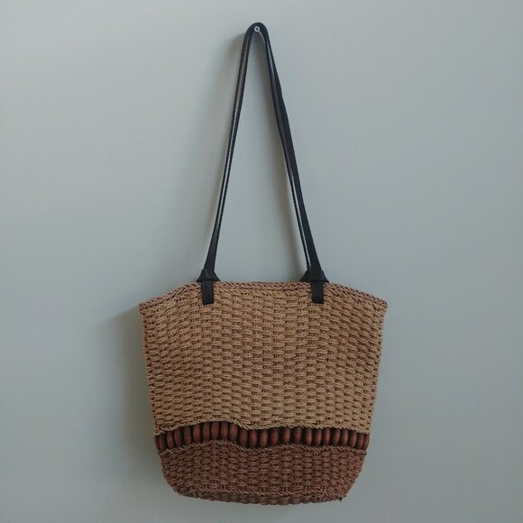 Natural woven tan and brown bag purse with wooden bead detail - Picture 2 of 11